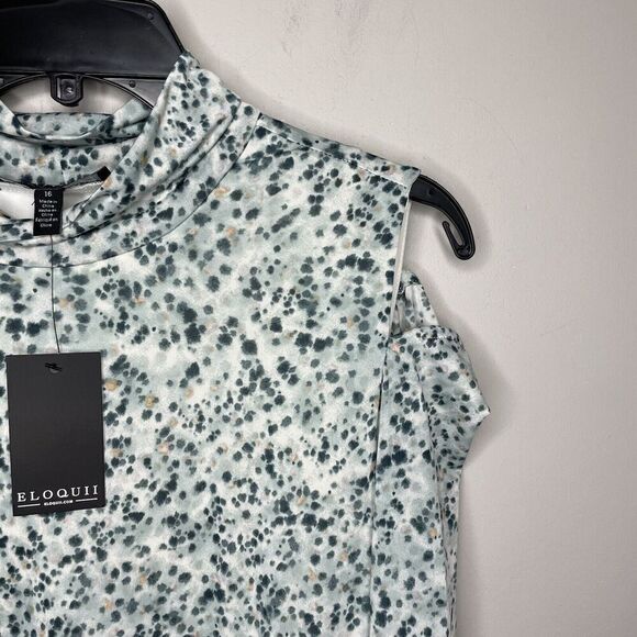 ELOQUII Dress Womens 16 Slash Shoulder Midi NEW Green Dot Print Long Sleeve - Picture 6 of 15